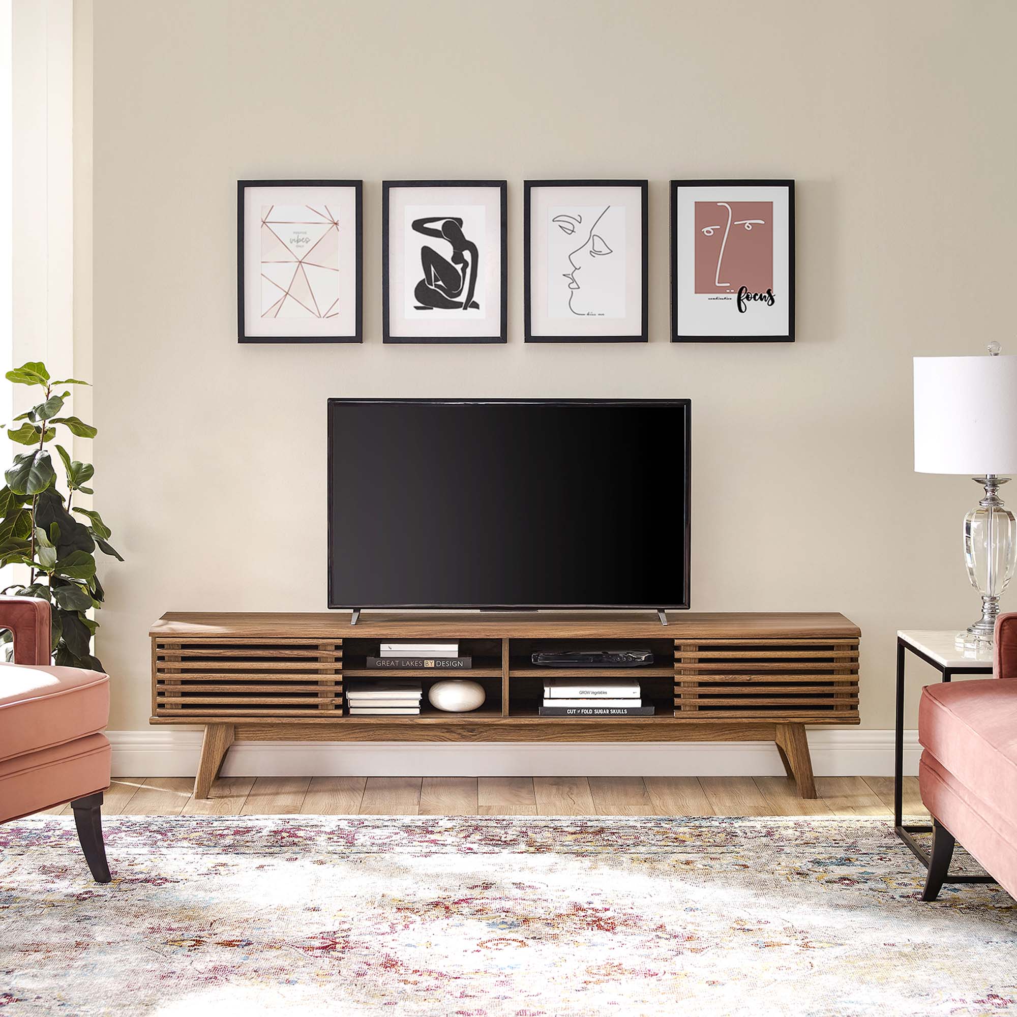 Render 70" Entertainment Center TV Stand in Walnut