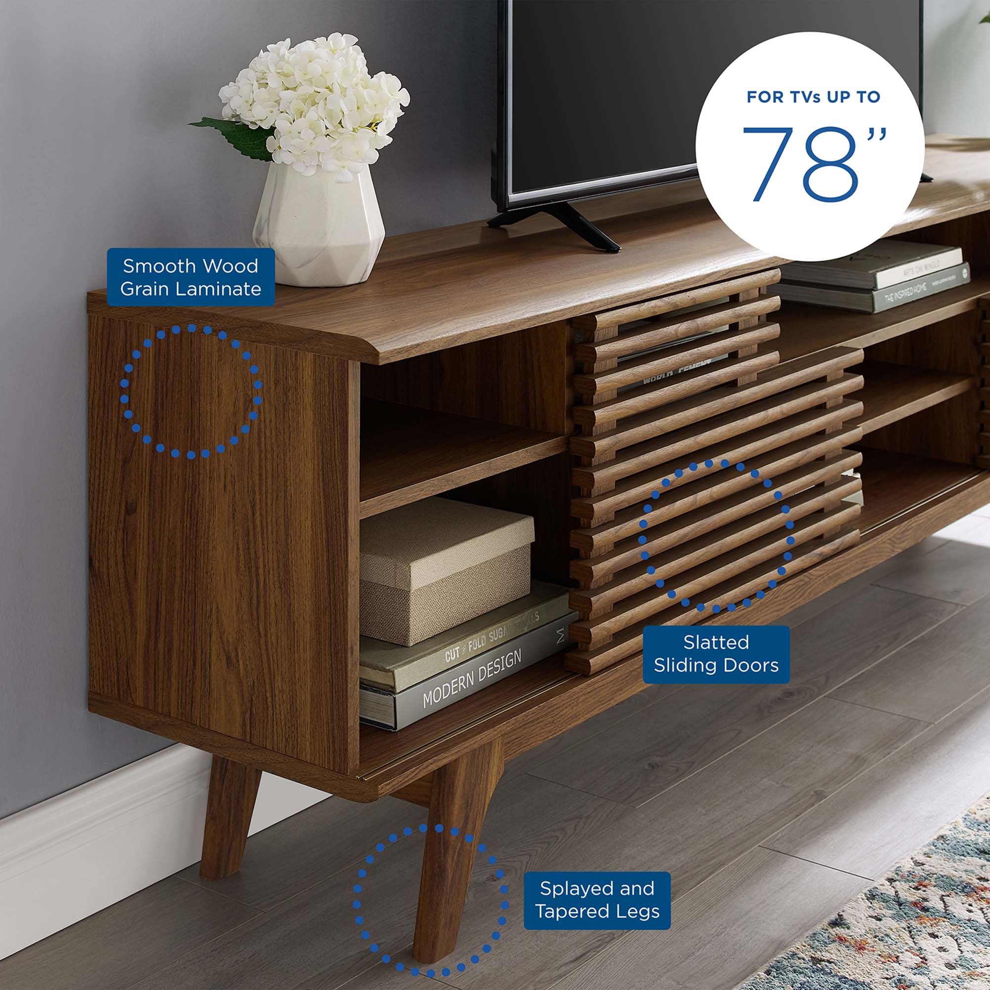 Render 71" Media Console TV Stand in Walnut, Oak