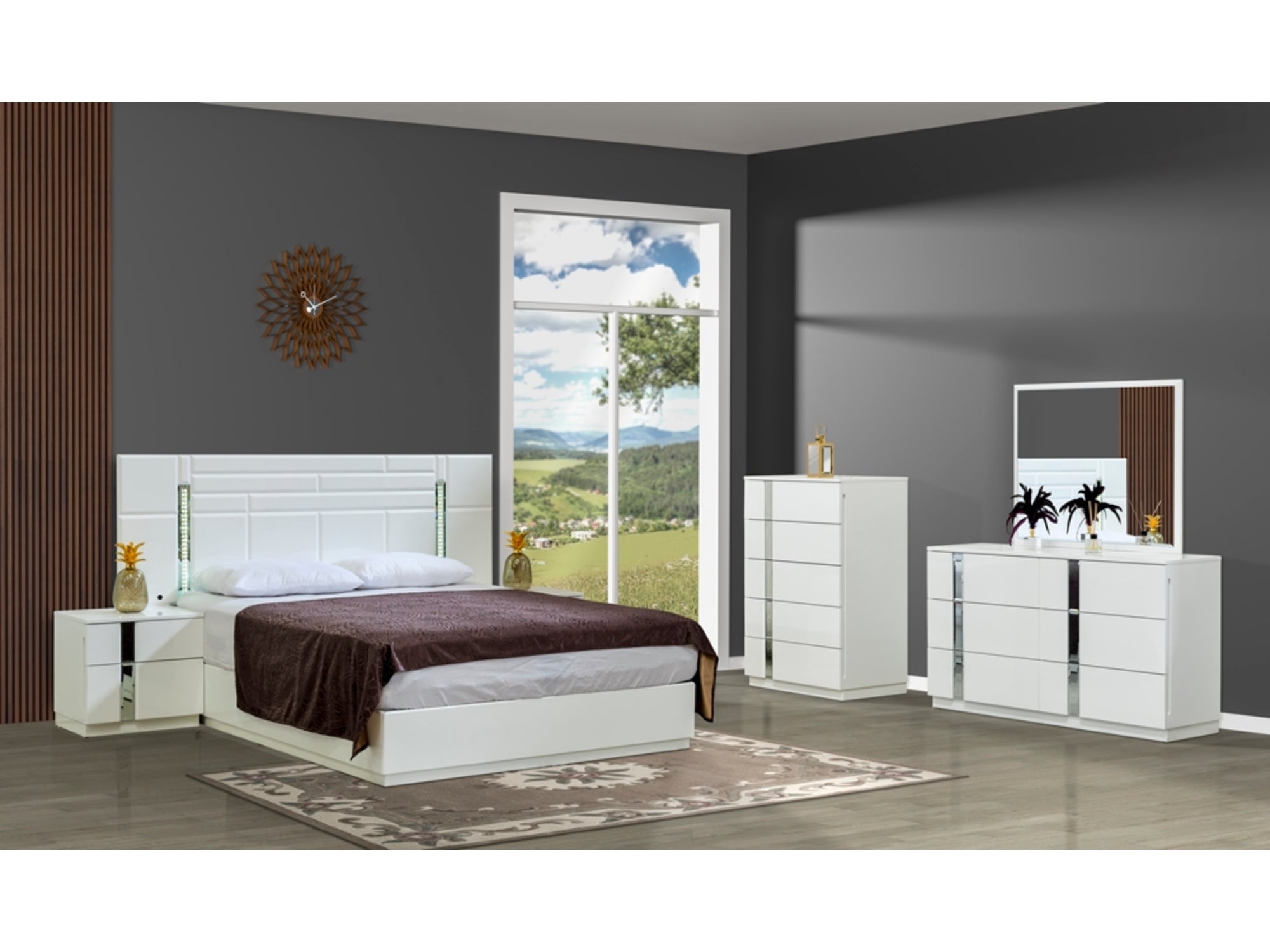 Sienna Bedroom (Queen Frame With Headboard & Dresser With Mirror & 2 Nightstand & Chest)