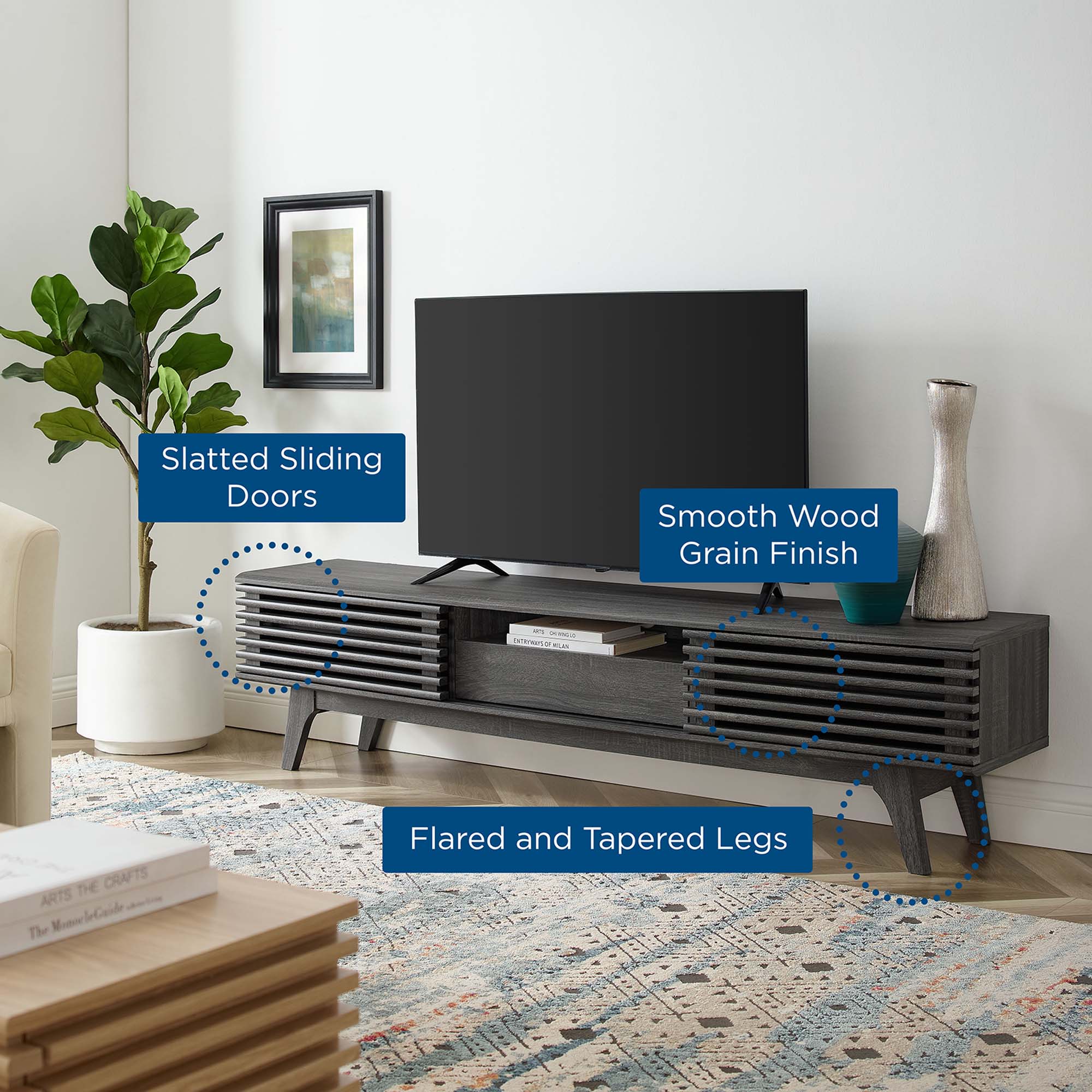 Render 70" TV Stand in Walnut, Oak, Charcoal