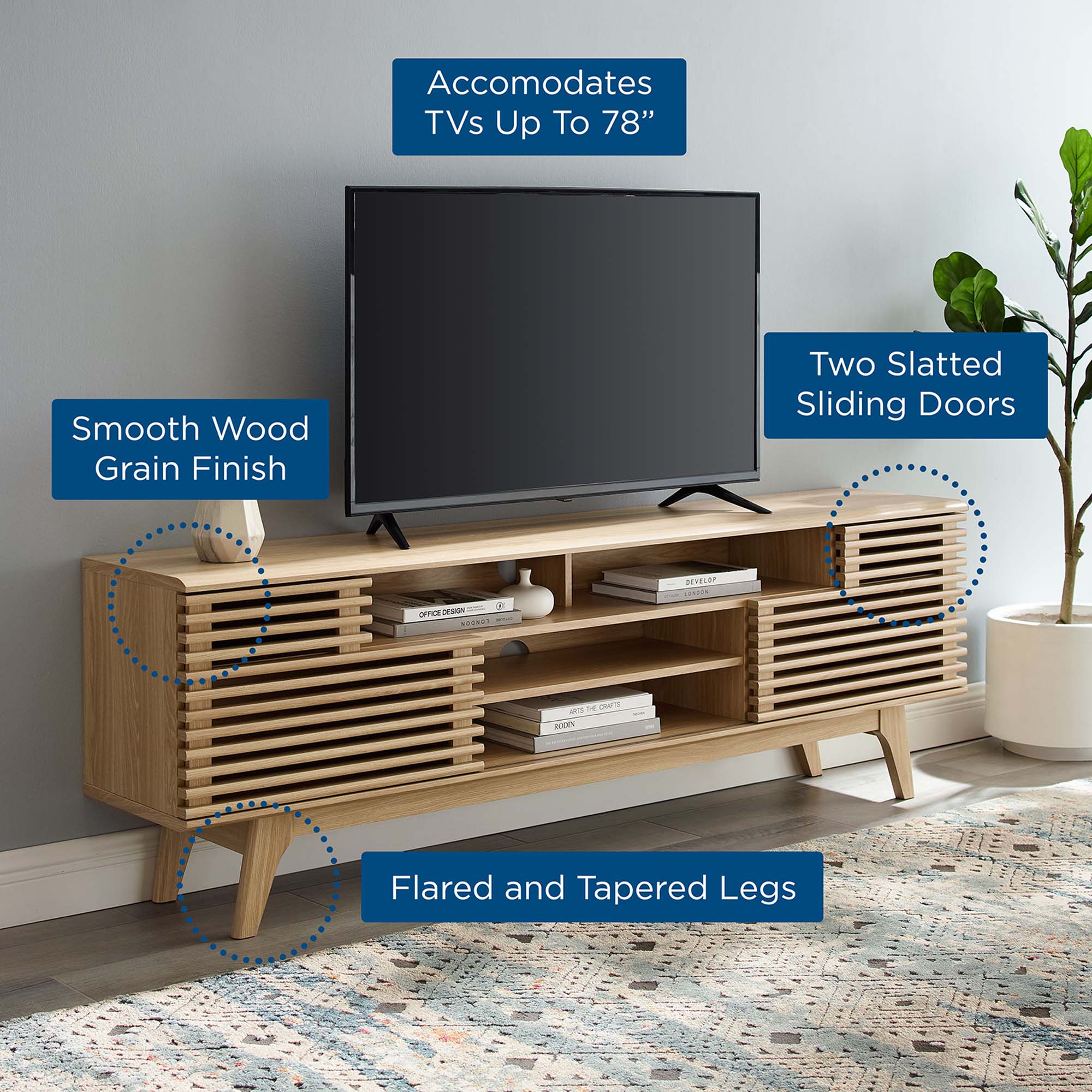 Render 71" Media Console TV Stand in Walnut, Oak